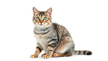 a beautiful cat sits calmly, with its distinctive fur and captivating green eyes