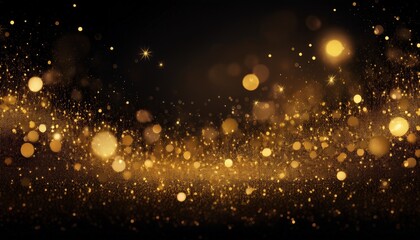 Fototapeta premium Golden particles border, falling glittering gold sparkles on black background, blurry festive lights, Christmas banner design, copy space