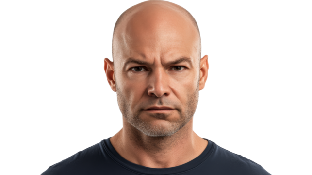 Serious bald man with frowning expression on transparent background