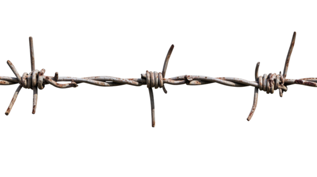 Rusty barbed wire creating dangerous barrier on transparent background