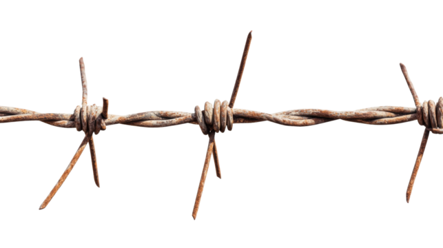 Rusty barbed wire creating a boundary on transparent background