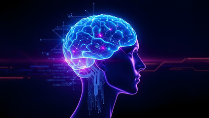 Obraz premium a digital artwork showcasing a glowing human brain and profile, symbolizing artificial intelligence and innovative thinking. The image has a futuristic and tech-focused aesthetic