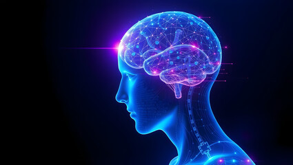 Fototapeta premium a 3D rendered human head with a glowing brain, representing artificial intelligence. The brain is connected by a network of points and lines, symbolizing thoughts and concepts