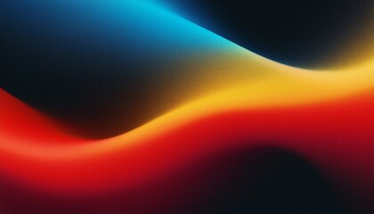 Grainy background abstract red blue yellow glowing color wave black dark backdrop, noise texture banner poster header design
