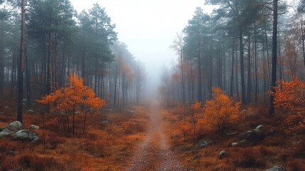 Obraz premium A foggy Russian forest pathway stretches into the distance, surrounded by tall trees and vibrant orange leaves. Early autumn creates a serene atmosphere, inviting exploration