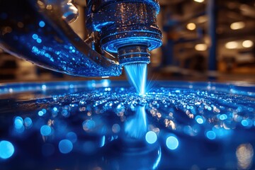 Abstract Blue Water Stream, Close-up Macro Photography, Glowing Bokeh Lights, Industrial Setting, Dynamic Fluid Flow