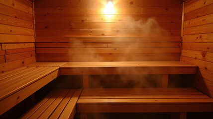 The sauna's interior illuminated by soft lighting