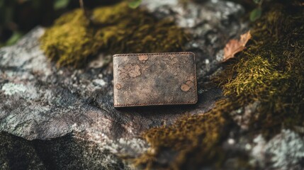 Rustic leather wallet resting on textured rock surface.