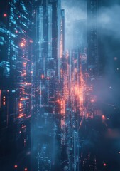 Obraz premium Futuristic cityscape at night with glowing lights and fog.