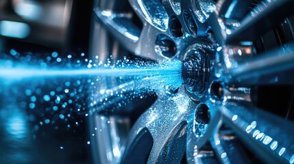 Water Jet Cleaning Car Wheel: Close-up Detail of a Sparkling Clean Wheel Rim