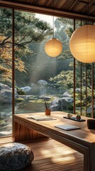 A serene home office features a low wooden desk and paper lanterns, creating a peaceful environment with a calming view of a Zen garden illuminated by soft morning light