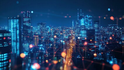 Fototapeta premium Futuristic cityscape at night with network connections.