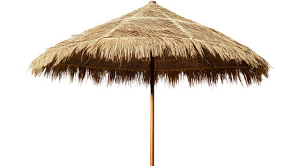 Straw beach umbrella providing shade on transparent background