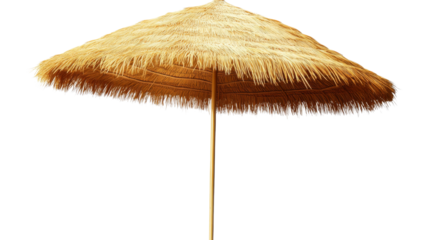 Straw beach umbrella providing shade on transparent background