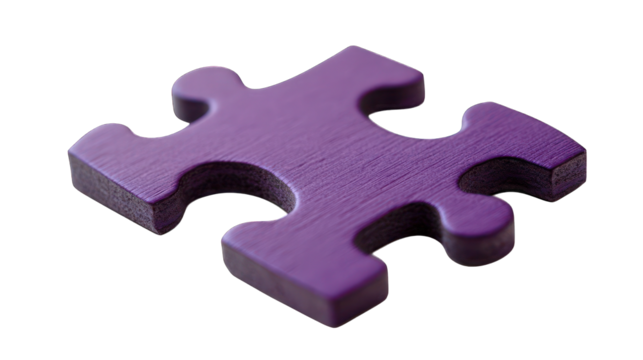 A purple puzzle piece with a matte surface, representing collaboration and problem-solving, placed on a white background --ar 16:9