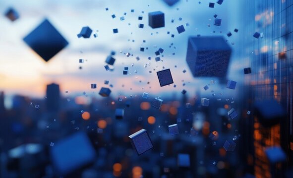 Futuristic cityscape with floating cubes at sunset.