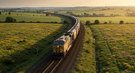 Freight Train at Sunset on Scenic Railway Tracks Through Agricultural Countryside Landscape