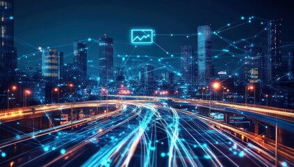 Futuristic cityscape with digital network and data flow.