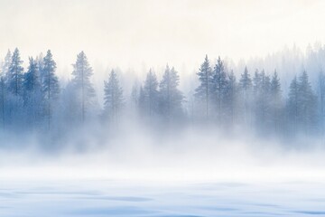 Winter background with snow and forest, a blurred blizzard in the sky. Winter scene with copy space