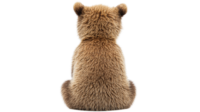 Brown bear cub sitting showing back on transparent background