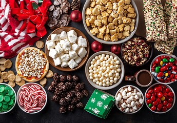 Festive Assortment of Holiday Treats and Snacks on Dark Background