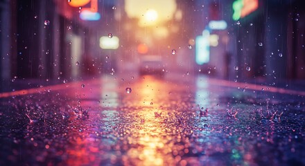 Rain Falling on City Street at Night with Neon Light Reflections