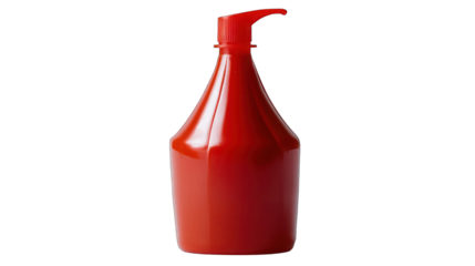 A red plastic ketchup container with a nozzle top, commonly found in home kitchens, shown on white --ar 16:9