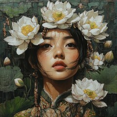 Asian woman surrounded by lotus flowers in garden setting