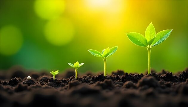 Un primer plano muestra una serie de plantas en varias etapas de crecimiento, contra un fondo verde y amarillo borroso