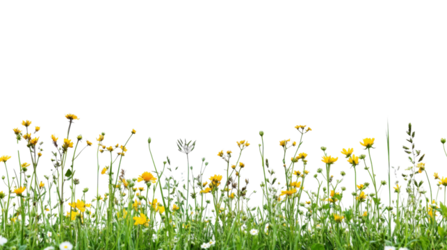 Yellow wildflowers growing in green grass with transparent background
