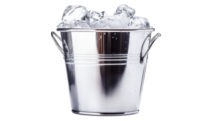 Metal bucket overflowing with ice cubes on transparent background