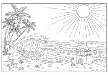 Tropical Beach Scene:  Palm Trees, Crashing Wave, Sandcastle, Sun