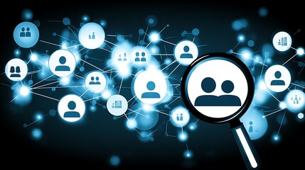 Obraz premium Digital Network Connections with Magnifying Glass Showing People Icons