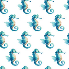 Fototapeta premium Beauitful seamless vector pattern with adorable blue seahorses