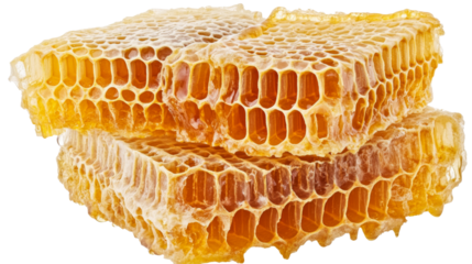 Honeycombs dripping with golden nectar on transparent background