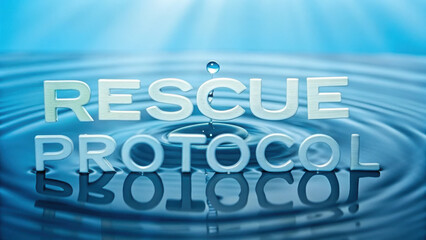 Rescue protocol text floating on water with droplet creating ripples, symbolizing urgency and clarity