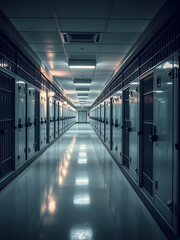 Obraz premium The chilling image highlights the cleanliness and order of a high-security prison with rows of locked cells