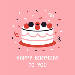 Cute modern happy birthday greeting card. Vector party postcard with birthday cake with berries. Festive happy birthday illustration. Poster in flat design.