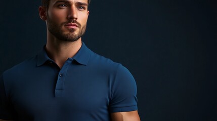 Obraz premium Handsome Man Wearing Stylish Dark Blue Polo Shirt Studio Portrait Professional Model Fashion Apparel Male Person Attractive Serious Expression Clean 