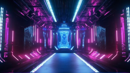 Futuristic neon tunnel corridor, sci-fi, vibrant lights, dark background, empty space, for gaming, design inspiration