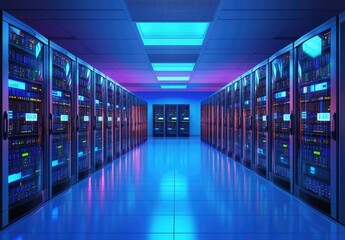 Futuristic data center with glowing blue and pink server racks, advanced lighting, and high-tech infrastructure. Ideal for cloud computing, cybersecurity, and IT industry concepts