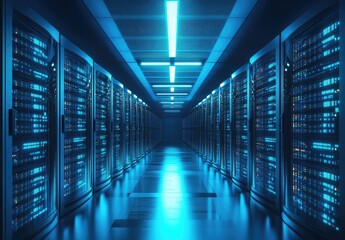 Futuristic data center with glowing blue server racks, advanced lighting, and high-tech networking infrastructure. Ideal for cloud computing, cybersecurity, and IT industry concepts