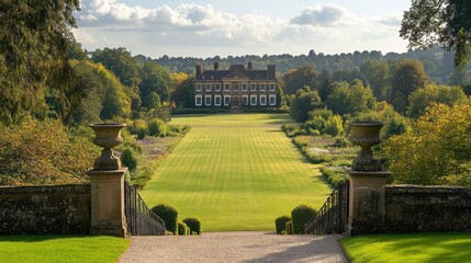 Expansive estate showcases a majestic Georgian mansion with elegant formal gardens and mature trees, all illuminated by clear skies. A perfect blend of architecture and nature