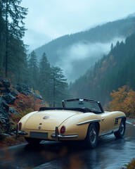 A beige convertible E-type, view from the side, driving on the road among the dark green mystical mountains wrapped in fog