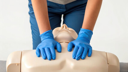 Performing chest compressions on CPR training mannequin with gloved hands, demonstrating lifesaving techniques in safe environment