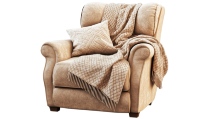 Comfortable beige armchair with blanket and pillow on transparent background