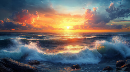 Fototapeta premium A vibrant sunset over the ocean, with waves crashing against rocks and sunlight reflecting on water., digital art style, detailed painting, fantasy illustration