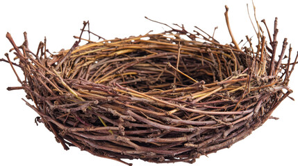 Empty bird nest crafted from intertwined twigs on transparent background