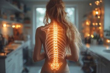 A young woman with long blond hair stands with her back to the viewer in a cozy, dimly lit domestic setting. 