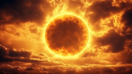 A brilliant sun radiates light through orange and dark clouds